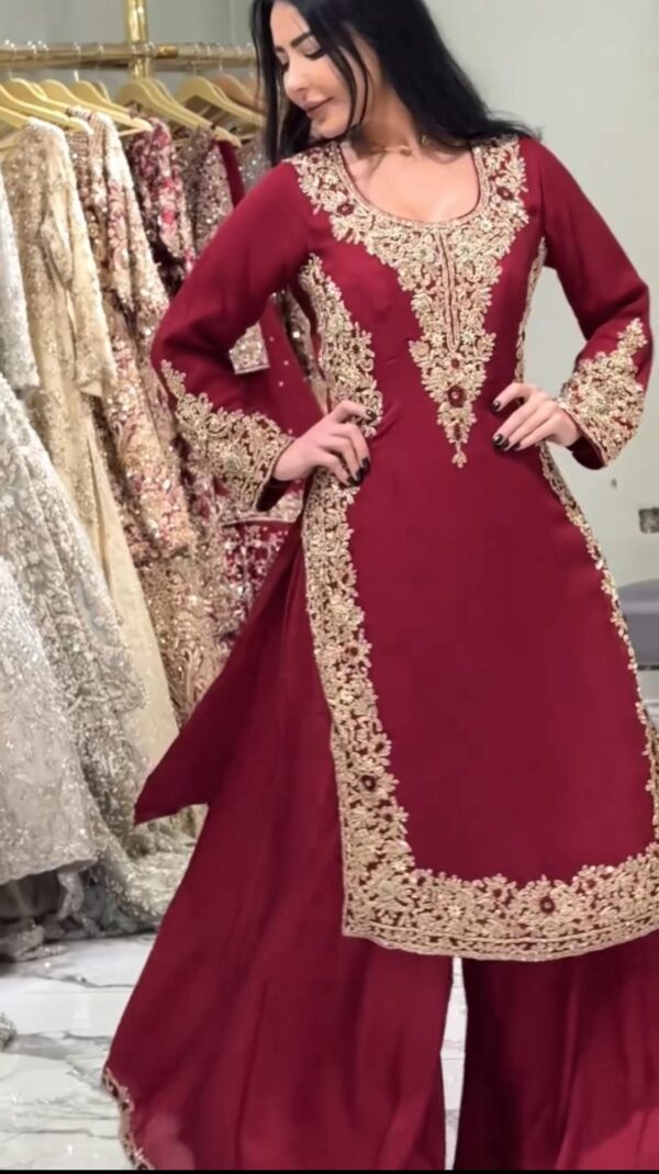 Maroon Color Faux Georgette Fabric Thread With Sequence Work Palazzo Suit