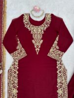 Maroon Color Faux Georgette Fabric Thread With Sequence Work Palazzo Suit