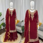 Maroon Color Faux Georgette Fabric Thread With Sequence Work Palazzo Suit