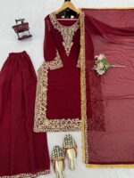 Maroon Color Faux Georgette Fabric Thread With Sequence Work Palazzo Suit