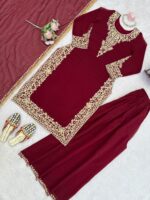 Maroon Color Faux Georgette Fabric Thread With Sequence Work Palazzo Suit