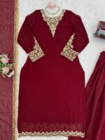 Maroon Color Faux Georgette Fabric Thread With Sequence Work Palazzo Suit