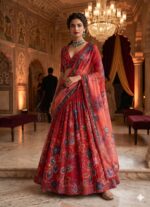 Maroon Color Tabby Silk Fabric Digital Print With Real Mirror Work Lehenga