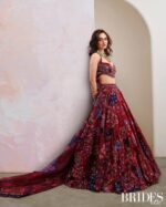 Maroon Color Tabby Silk Fabric Digital Print With Real Mirror Work Lehenga