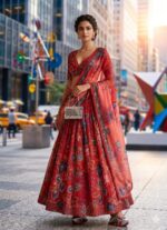 Maroon Color Tabby Silk Fabric Digital Print With Real Mirror Work Lehenga