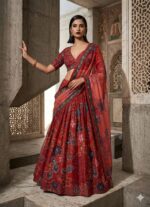 Maroon Color Tabby Silk Fabric Digital Print With Real Mirror Work Lehenga