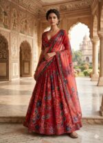 Maroon Color Tabby Silk Fabric Digital Print With Real Mirror Work Lehenga