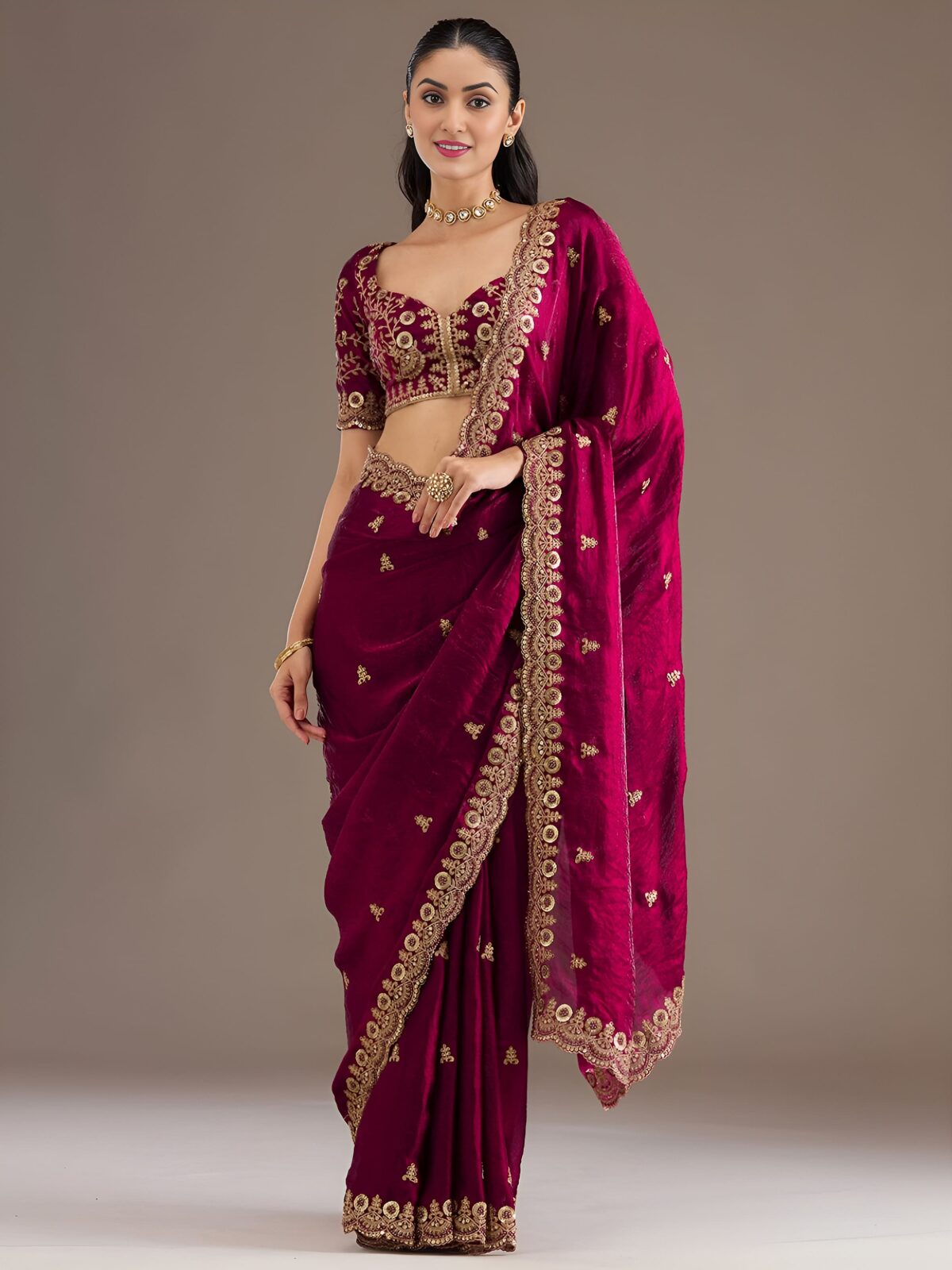 Maroon Color Tissue Fabric Multiple Sequence With Jari Embroidery Work Saree
