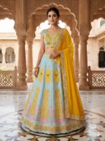 Multi Color Slub Silk Fabric Sequence With Foil Mirror Work Lehenga