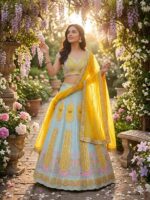 Multi Color Slub Silk Fabric Sequence With Foil Mirror Work Lehenga