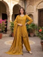 Mustard Yellow Color Mul Chanderi Fabric Sequence Work Farshi Style Palazzo Suit