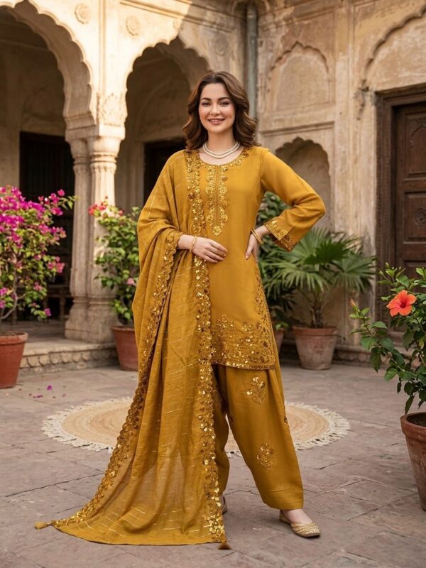 Mustard Yellow Color Mul Chanderi Fabric Sequence Work Farshi Style Palazzo Suit