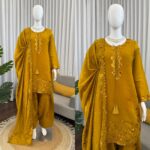 Mustard Yellow Color Mul Chanderi Fabric Sequence Work Farshi Style Palazzo Suit