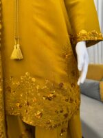 Mustard Yellow Color Mul Chanderi Fabric Sequence Work Farshi Style Palazzo Suit
