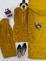 Mustard Yellow Color Mul Chanderi Fabric Sequence Work Farshi Style Palazzo Suit