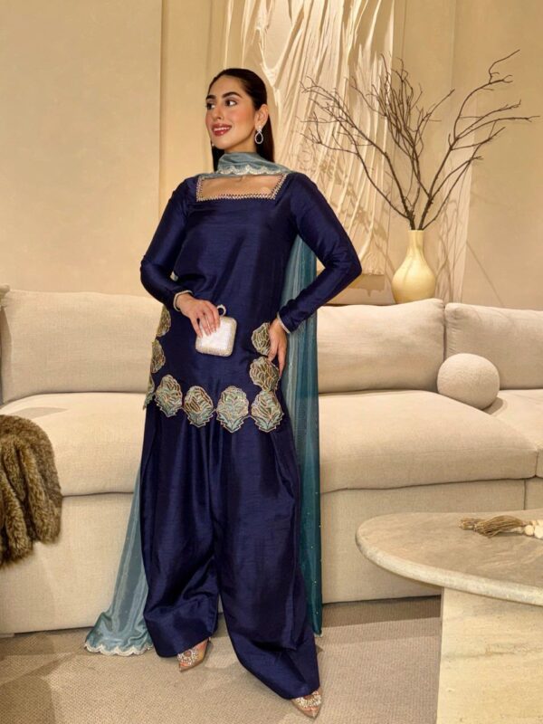 Navy Blue Color Natural Crepe Fabric Thread With Sequence Work Farshi Style Suit