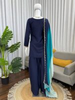 Navy Blue Color Natural Crepe Fabric Thread With Sequence Work Farshi Style Suit