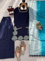 Navy Blue Color Natural Crepe Fabric Thread With Sequence Work Farshi Style Suit