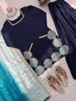 Navy Blue Color Natural Crepe Fabric Thread With Sequence Work Farshi Style Suit