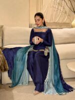 Navy Blue Color Natural Crepe Fabric Thread With Sequence Work Farshi Style Suit