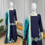 Navy Blue Color Natural Crepe Fabric Thread With Sequence Work Farshi Style Suit