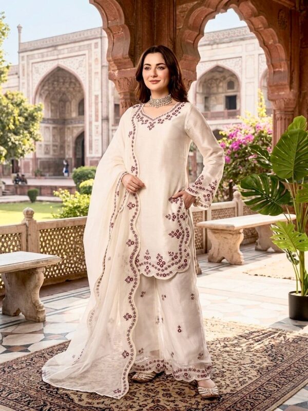 Off White Color Jimmy Choo Silk Fabric Thread Work Palazzo Suit