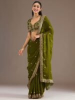 Olive Color Tissue Fabric Multiple Sequence With Jari Embroidery Work Saree