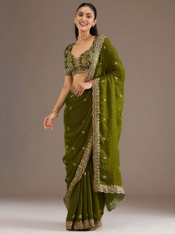 Olive Color Tissue Fabric Multiple Sequence With Jari Embroidery Work Saree