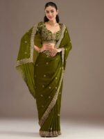 Olive Color Tissue Fabric Multiple Sequence With Jari Embroidery Work Saree