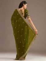 Olive Color Tissue Fabric Multiple Sequence With Jari Embroidery Work Saree
