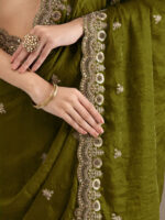 Olive Color Tissue Fabric Multiple Sequence With Jari Embroidery Work Saree