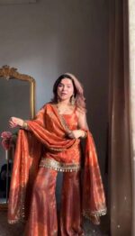 Orange Color Fendi Silk Fabric Sequence With Real Mirror Work Palazzo Suit