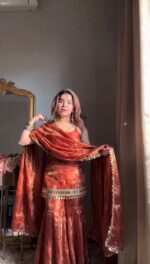 Orange Color Fendi Silk Fabric Sequence With Real Mirror Work Palazzo Suit