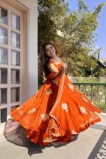 Orange Color Fendi Silk Fabric Thread With Sequence Work Palazzo Suit