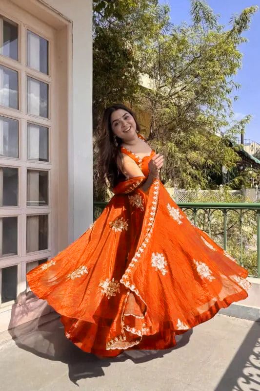 Orange Color Fendi Silk Fabric Thread With Sequence Work Palazzo Suit