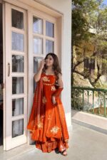 Orange Color Fendi Silk Fabric Thread With Sequence Work Palazzo Suit