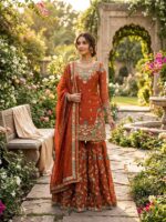 Orange Color Jimmy Choo Fabric Pearl Work Sharara Set