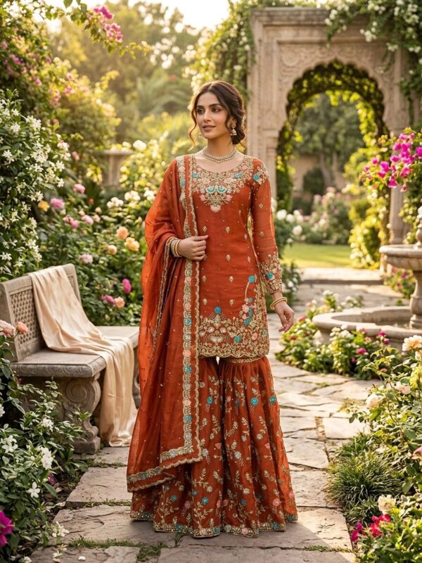 Orange Color Jimmy Choo Fabric Pearl Work Sharara Set