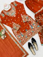 Orange Color Jimmy Choo Fabric Pearl Work Sharara Set