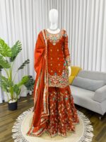 Orange Color Jimmy Choo Fabric Pearl Work Sharara Set