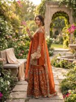 Orange Color Jimmy Choo Fabric Pearl Work Sharara Set