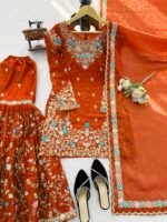 Orange Color Jimmy Choo Fabric Pearl Work Sharara Set