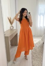 Orange Color Magic Slub Cotton Fabric Suit