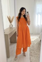 Orange Color Magic Slub Cotton Fabric Suit