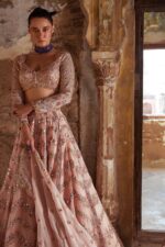 Peach Color Faux Georgette Fabric Jari Work With Paper Mirror Work Lehenga