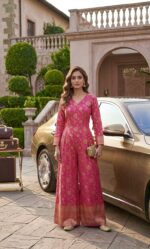 Pink Color Banarasi Silk Jacquard Fabric Jump Suit