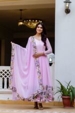 Pink Color Faux Georgette Fabric Embroidery Work Gown