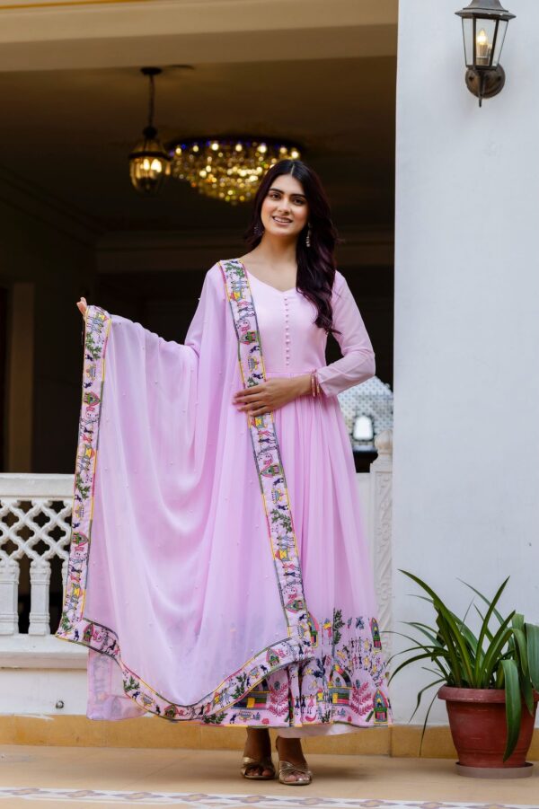 Pink Color Faux Georgette Fabric Embroidery Work Gown