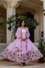 Pink Color Faux Georgette Fabric Embroidery Work Gown
