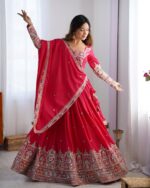 Pink Color Natural Crepe Silk Fabric Thread With Sequence Work Lehenga